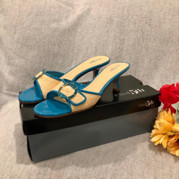 NWT - East Fifth Turquoise Patent & Cream Slip-on Sandals with Kitten Heels - Picture 16 of 16
